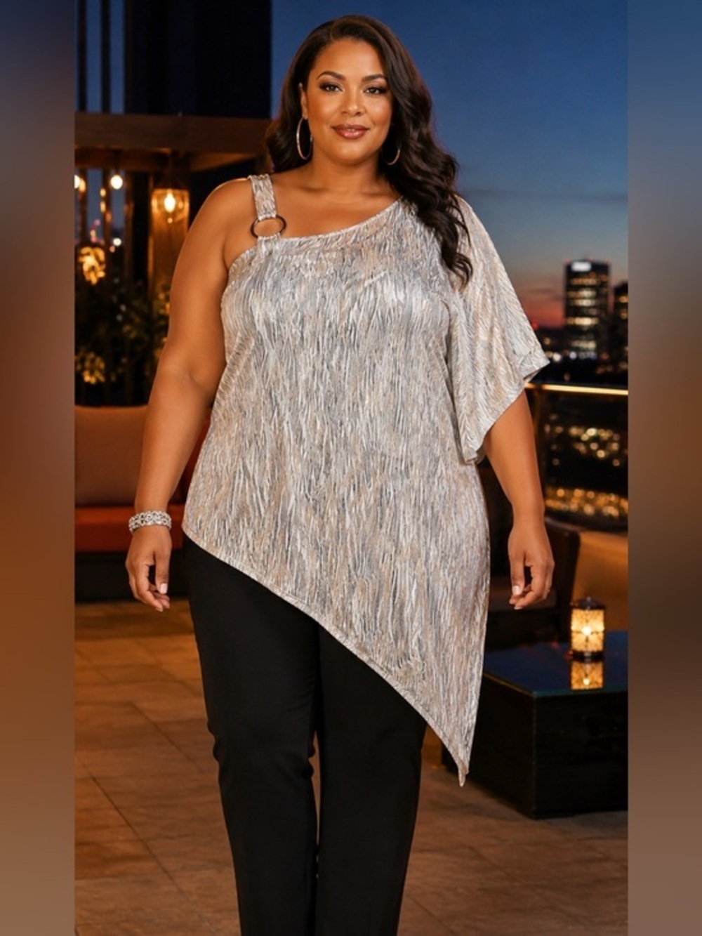 Ashley Stewart Plus Size Metallic Asymmetrical One Shoulder Top 22/24